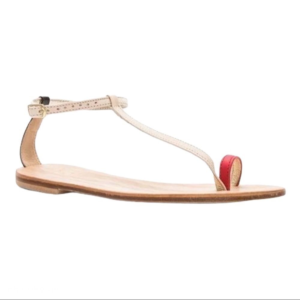 Women’s Beige and Red T-Strap Leather Sandal